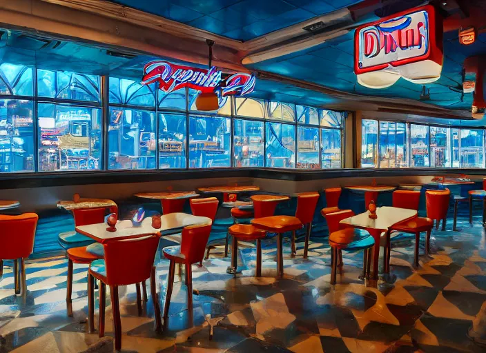 Prompt: interior of an american diner in arkansas, cyberpunk style, hyperrealistic and beautiful painting, 8 k resolution, by hugh ferris and john smith, polished, fine detail, intricate, blue color scheme, smooth, octane, concept art, trending on artstation