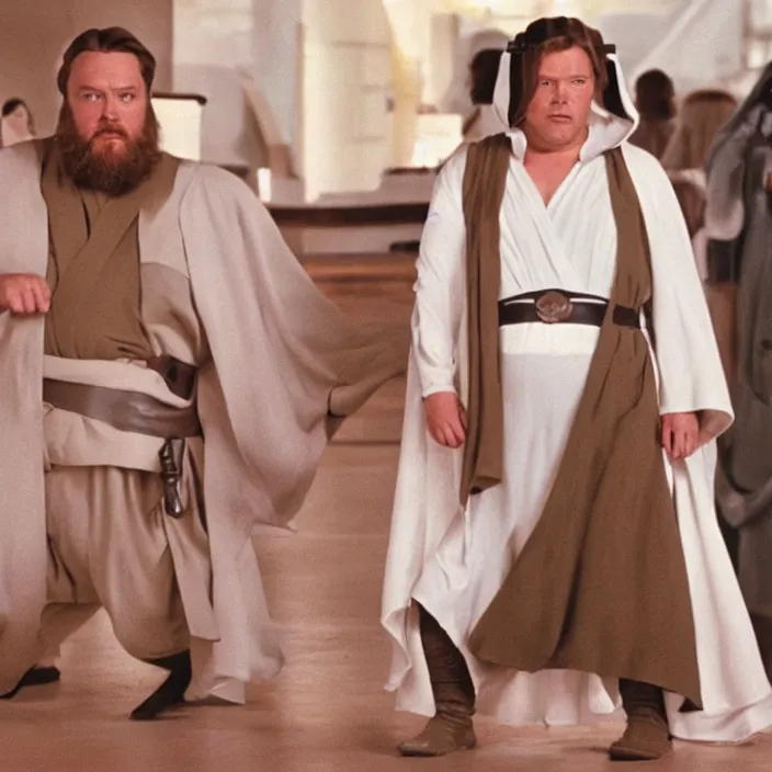 Image similar to obi wan kenobi but obese!! and overweight dressed as as princess leia, photoralistic rendering, movie still, screenshot, hyperdetailed