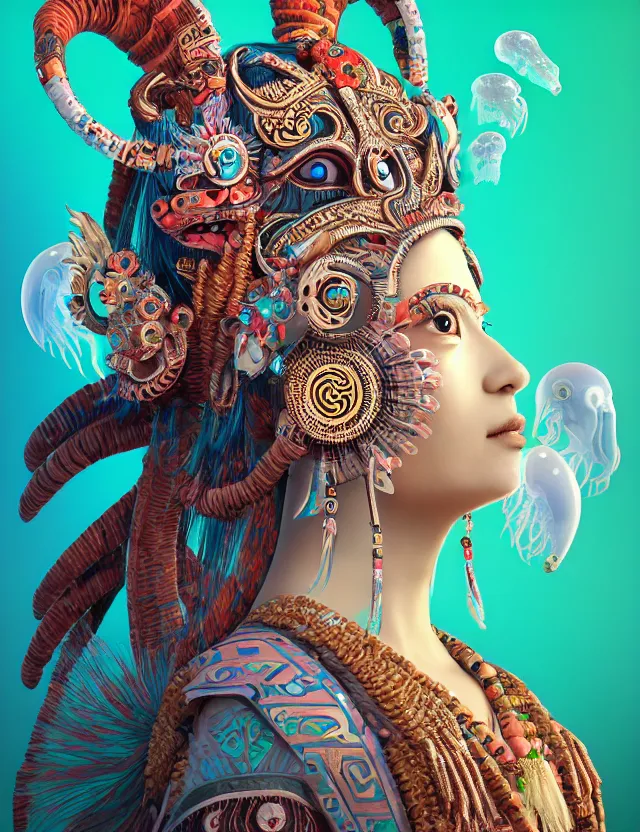 Image similar to 3 d goddess close - up profile portrait aztec with ram skull. beautiful intricately detailed japanese crow kitsune mask and clasical japanese kimono. betta fish, jellyfish phoenix, bio luminescent, plasma, ice, water, wind, creature, artwork by tooth wu and wlop and beeple and greg rutkowski