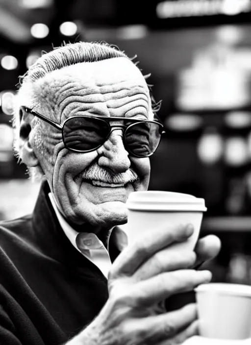 Prompt: stan lee sitting inside starbucks and taking a picture of his drink cup with his iphone 1 2, black and white photo, real, photorealistic