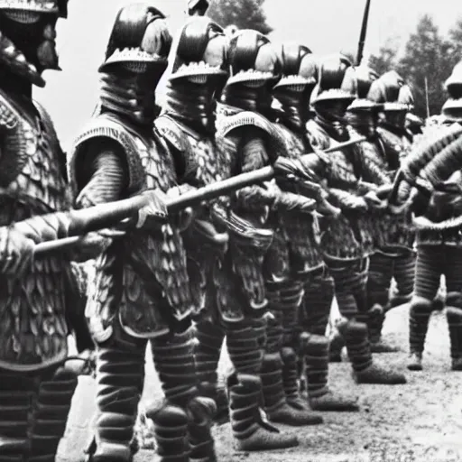 Prompt: a photo taken on a phone of a group of pike men wearing helmets getting ready to charge into battle.