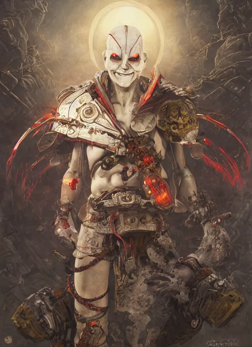 Image similar to portrait of a diabolical cyborg clown samurai, torn cape, adaptive armor, dynamic pose, heavy eyes to the side, ancient ruins, glowing veins subsurface scattering, in clouds, sunset, portrait, by gerald brom, by mikhail vrubel, by peter elson, muted colors, extreme detail, reflections, trending on artstation, 8 k