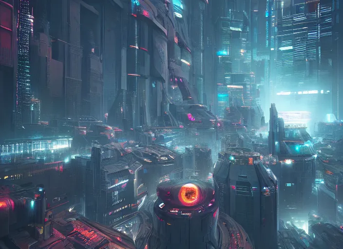 Image similar to a futuristic city with a giant eye in the center, cyberpunk art by neil blevins, cgsociety, fantasy art, dystopian art, cryengine, redshift