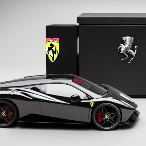 Image similar to realistic photographie lamborgini luxury mix with ferrari inside a plastique collector box