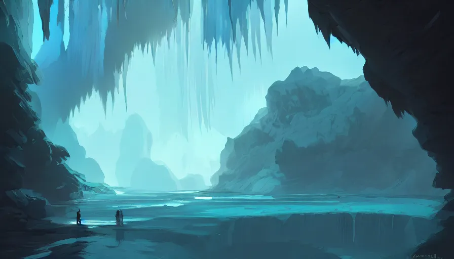 Prompt: concept art by jama jurabaev, cel shaded, cinematic shot, trending on artstation, high quality, brush stroke, vibrant colors, late at night, dark underground crystal caves, streams, waterfalls