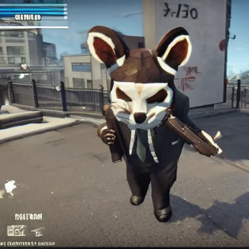 Prompt: Screenshot from the PC game Payday 2 demonstrating the fursuit unlock