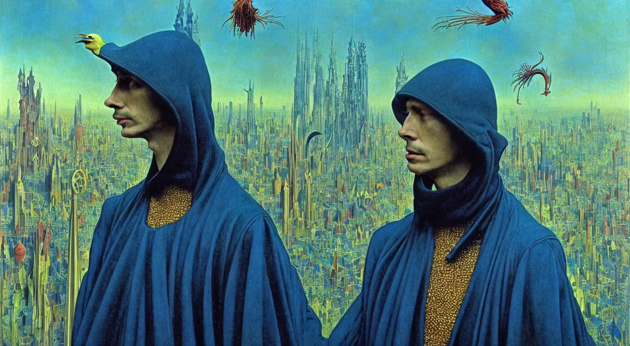 Image similar to realistic detailed portrait movie shot of a birdman wearing dark robes, sci fi city landscape background by denis villeneuve, amano, yves tanguy, alphonse mucha, ernst haeckel, max ernst, roger dean, masterpiece, rich moody colours, blue eyes, occult