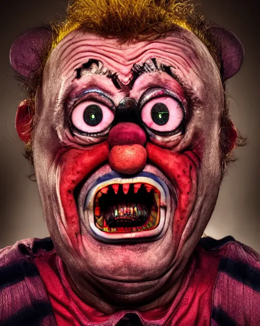 Image similar to portrait of an ugly old possessed clown crying. ugly, creepy, demonic, horror. cinematic lighting. photographic, photography. by justin roiland