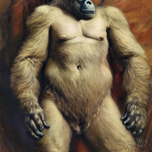 Image similar to highley detailed potrait of an anatomically correct gorilla mecha, painting by gaston bussiere, craig mullins, j. c. leyendecker, lights, art by ernst haeckel, john william godward, hammershøi,