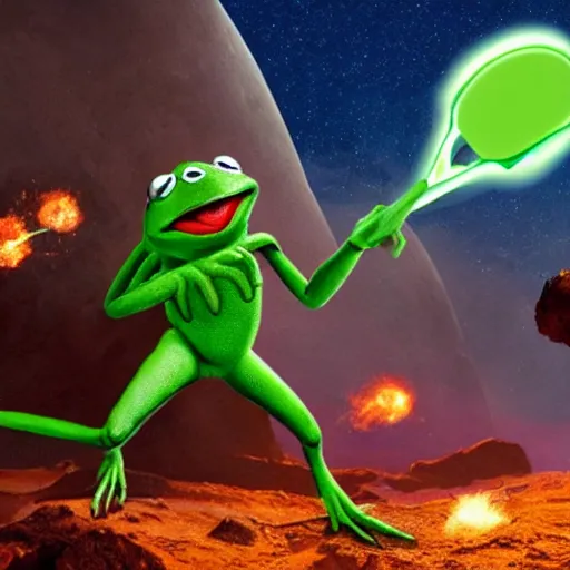 Prompt: the avengers battle kermit the frog in space, galaxy, hd, explosions, gunfire, lasers, spatula, giant, epic, showdown, colorful, realistic photo, unreal engine, movie, stars, deep space, prophecy, epic painting