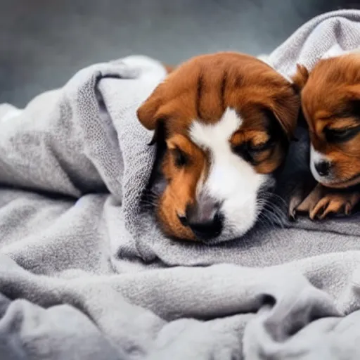 Image similar to two puppies fighting under a blanket