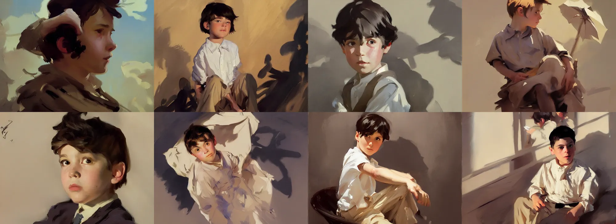 Prompt: portrait of young boy greg manchess painting by sargent and leyendecker, studio ghibli, fantasy, medium shot, asymmetrical, intricate, elegant, matte painting, illustration, hearthstone, by greg rutkowski, by greg tocchini, by james gilleard, by joe fenton