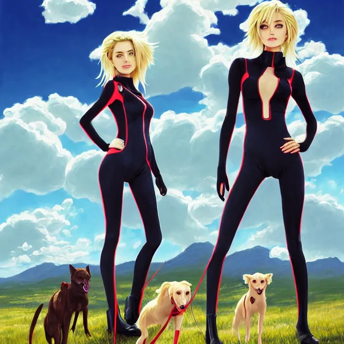 Image similar to full body portrait of a combination of Ashley Greene, Victoria Justice and Adriana Dxim, Grace Kelly and Lily Collins with blonde hair wearing a Plugsuit from Neon Genesis Evangelion and walking dogs, countryside, calm, fantasy character portrait, dynamic pose, above view, sunny day, thunder clouds in the sky, artwork by Jeremy Lipkin and Giuseppe Dangelico Pino and Michael Garmash and Rob Rey and Greg Manchess and Huang Guangjian, very coherent asymmetrical artwork, sharp edges, perfect face, simple form, 100mm