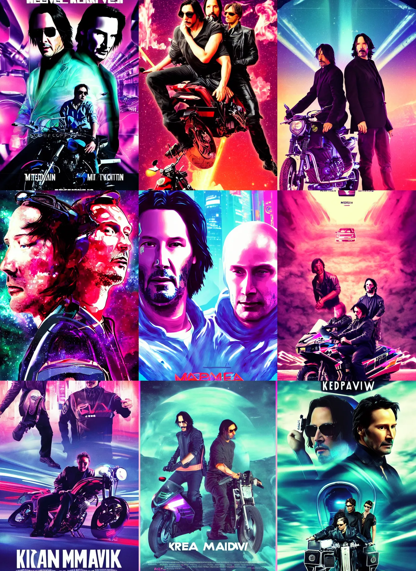 Prompt: sci-fi movie poster with Keanu Reeves and Mads Mikkelsen sitting on the same motor bike in vaporwave style