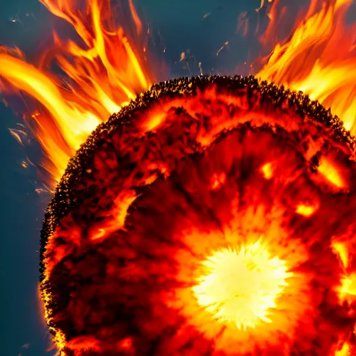 Image similar to red hot burning sphere embedded in fireball explosion with fire, 4 k