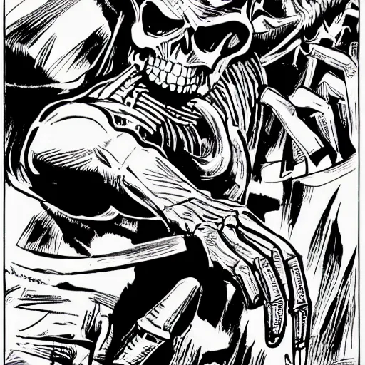 Prompt: a highly detailed comic in the style of jack kirby, joe kubert, alex toth, of a skeleton giving a thumbs up and smiling, trending on artstation, 4 k