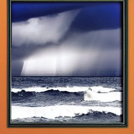 Prompt: a cube in the middle of the sea with images of a sea squall on its sides. framed. vignette. in the style of Richard Serra