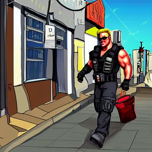 Prompt: duke nukem walking in a street, digital art