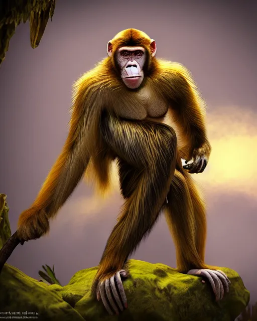 Prompt: fury art, an anthro ape monkey wearing a fantasy armor, jungle background, large cape, 3 d, 8 k, extremely detailed, trending on furaffinity, trending on artstation, award winning, sharp focus, illustration
