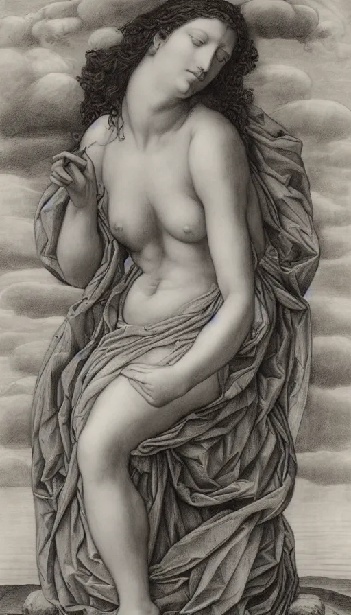 Image similar to the empress by evelyn de morgan, black and white graphite drawing, fertility, nature, sitting in a stone throne