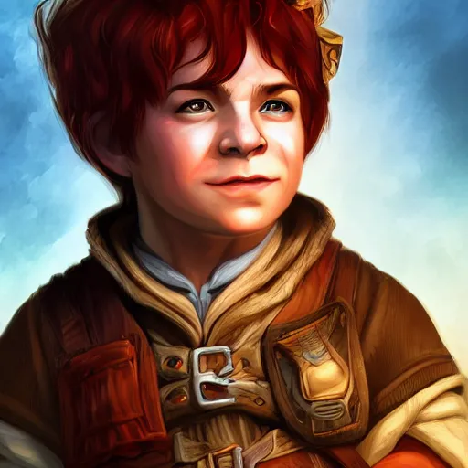 Image similar to a stunning long distance shot portrait of a short male halfling rouge, digital art trending 4 k