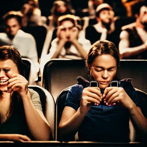 Image similar to people in a very dark movie theatre playing on their cellphones, faces illuminated by cellphone light