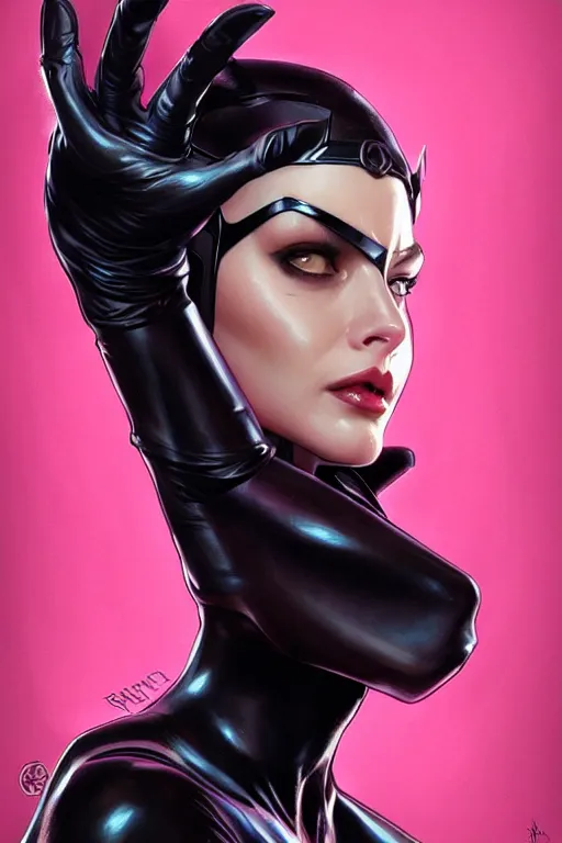 Image similar to catwoman, realistic portrait, symmetrical, highly detailed, digital painting, artstation, concept art, smooth, sharp focus, illustration, cinematic lighting, art by artgerm and greg rutkowski and alphonse mucha