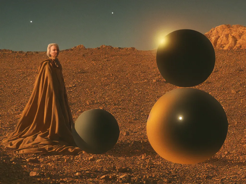 Image similar to glowing bene gesserit in full - face golden glowing mask in a black rocky desert landscape with a black sphere in the sky by christopher doyle and alejandro jodorowsky, anamorphic lens, kodakchrome, cinematic composition, very detailed photo, 8 k,