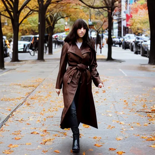 Image similar to portrait of a woman wearing dark brown trench coat with dark brown long hair with bangs walking in new york city