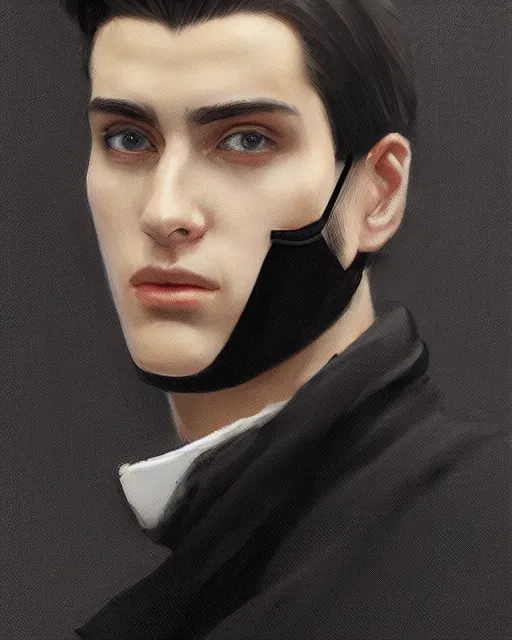 Image similar to a ultradetailed beautiful panting of a european young man wearing black medical mask and black long coat, by ilya kuvshinov, greg rutkowski and makoto shinkai, trending on artstation