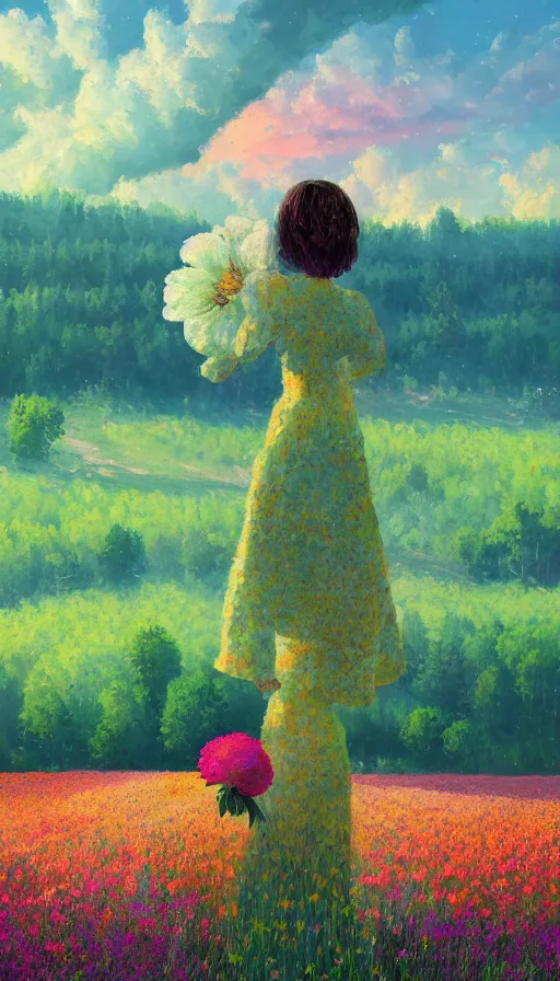 Image similar to girl with giant flower as a face and flower dress, standing in a flower field hills, big trees, sunrise dramatic light, impressionist painting, colorful clouds, digital painting, pointillism, artstation, simon stalenhag