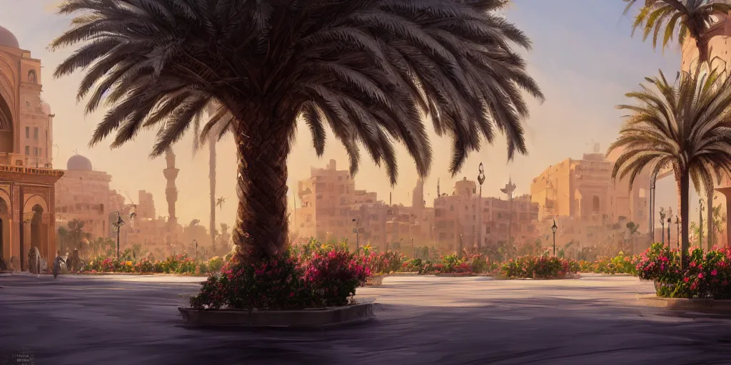 Prompt: a beautiful concept painting in the style of eddie mendoza with a landscape of the khedival opera house in talaat harb square cairo with lush landscaping, date palm trees, shrubs and flowers. eddie mendoza, trending on artstation