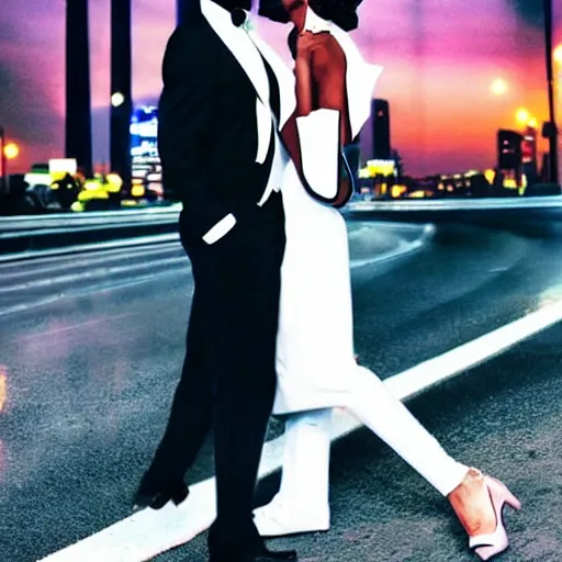 Image similar to A black man wearing white suit and a black tie with a white woman wearing a pink!!! dress on street at night , traffic in background , highly detailed!! face!!!