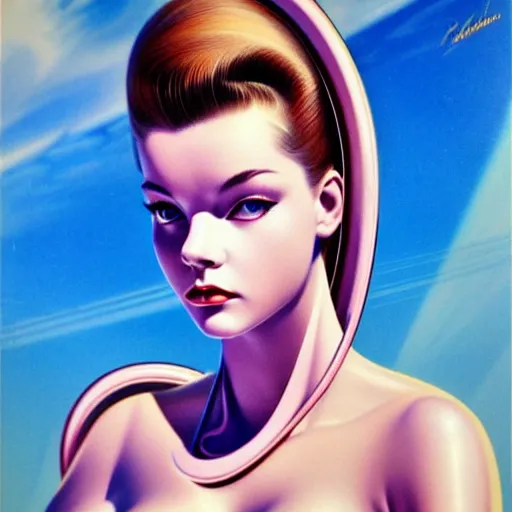 Prompt: traditional 1 9 5 0's barbara palvin in a futuristic space, blue sky art by peter lloyd, 1 9 8 0's art, airbrush style, art by hajime sorayama,, intricate, elegant, sharp focus, illustration, highly detailed, concept art