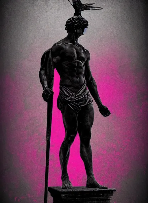 Prompt: elegant dark design poster showing a greco roman statue of apollo, black background with very subtle red and purple design elements, bold, powerful, nekro, vito acconci, thin straight purple lines, dark, glitch art, neo vaporwave, gritty, layout frame, square, trending on artstation