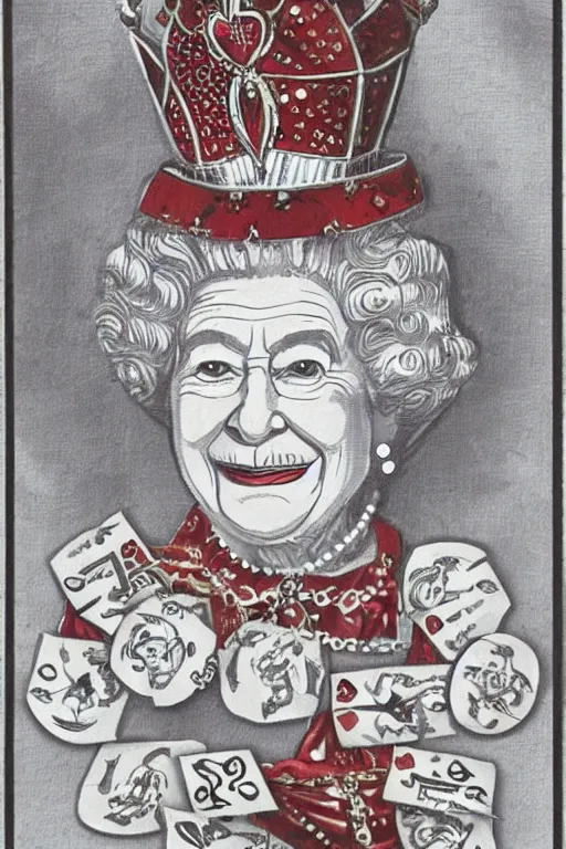 Image similar to queen elizabeth ii as quin of cards from alice in wonderlands