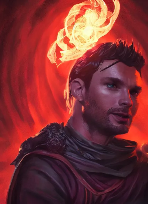 Prompt: A fantasy comic book style portrait painting of Tom Welling as a Sorcerer in a atmospheric dark fortress, unreal 5, DAZ, hyperrealistic, octane render, RPG portrait, ambient light, dynamic lighting