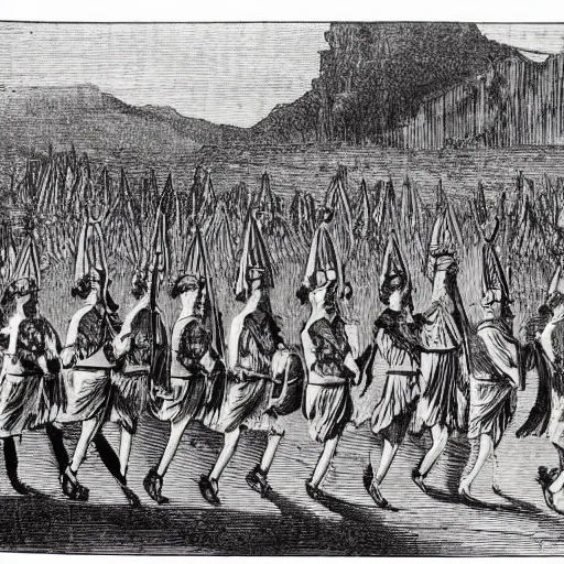 Prompt: a schoolbook image of the roman army marching through a desert.