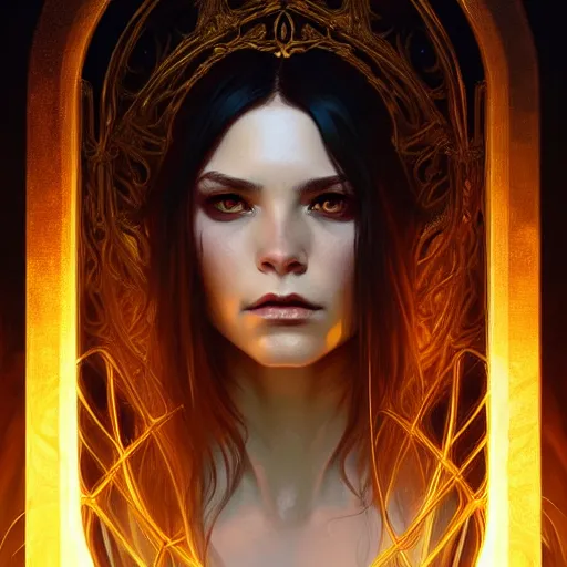 Image similar to Portrait of female sorceress, dark fantasy, medium shot, intricate, elegant, highly detailed, digital painting, artstation, concept art, smooth, sharp focus, illustration, art by artgerm and greg rutkowski and alphonse mucha