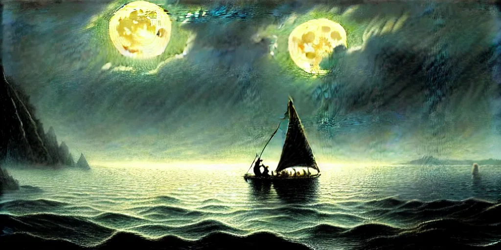 Image similar to lord of the rings scenery landscape, a hobbit out at a staring across the sea from the shore at a white timber sail boat leaving harbour, evening, highly detailed, vivid colour, soft clouds, full moon low in sky, cinematic lighting, perfect composition, gustave dore, derek zabrocki, greg rutkowski, belsinski
