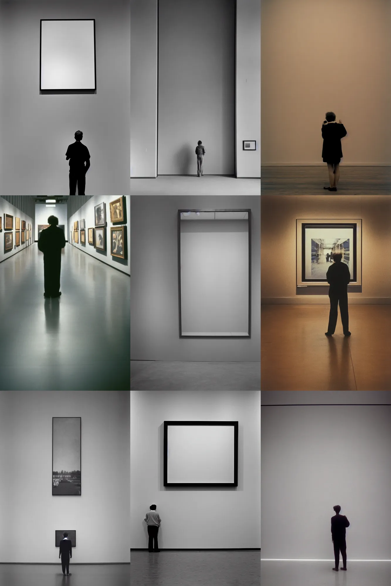 Prompt: person seen from behind standing in an empty gallery contemplating over a frame hanging at the opposite wall, photo taken with provia 1987 getty images stock photography