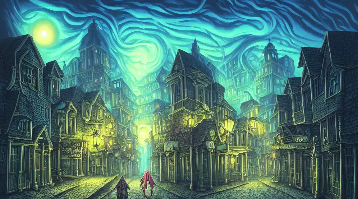 Image similar to cthulhu visits a lovecraftian town. lovecraft. cthulhu. lovecraftian city at night by cyril rolando and naomi okubo and dan mumford and ricardo bofill. lovecraftian cthulhu. cobbled streets. lovecraftian landscape. swirly night sky.