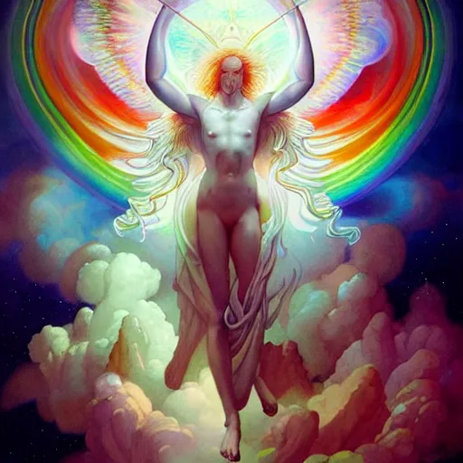Prompt: psychedelic angelic celestial being artwork of peter mohrbacher, by henry fuseli, ayahuasca, frank xavier leyendecker, energy body, sacred geometry, esoteric art, rainbow colors, divinity detailed, realism, saturated colors,