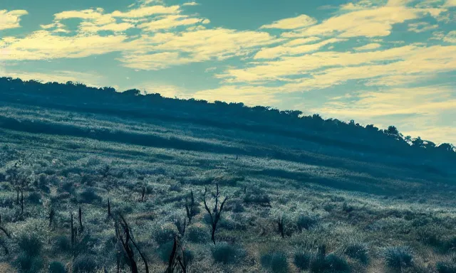 Image similar to panorama of big raindrops flying upwards into the perfect cloudless blue sky from a dried up river in a desolate land, dead trees, blue sky, hot and sunny highly-detailed, elegant, dramatic lighting, artstation, 4k, cinematic landscape, photograph by National Geographic