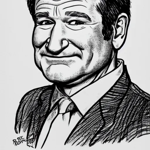 Image similar to a portrait of Robin Williams drawn by Robert Crumb