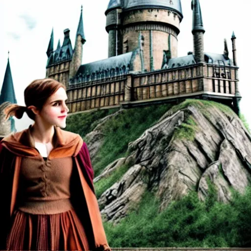 Prompt: Emma Watson flying in a magical broomstick over hogwarts