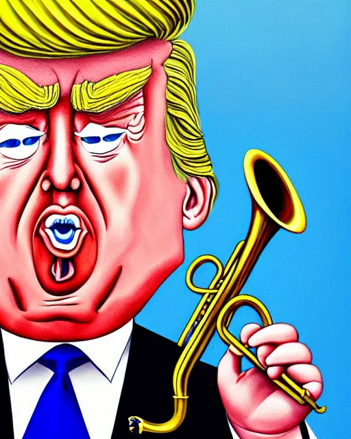 Prompt: painting portrait of trump with trumpet hair, cartoon, warm lighting, trump has hair as a trumpet, movie poster, illustration by bartek fedyczak, erak note, tooth wu, neil richards, kan liu, siwoo kim, jisu choe, trending on art station