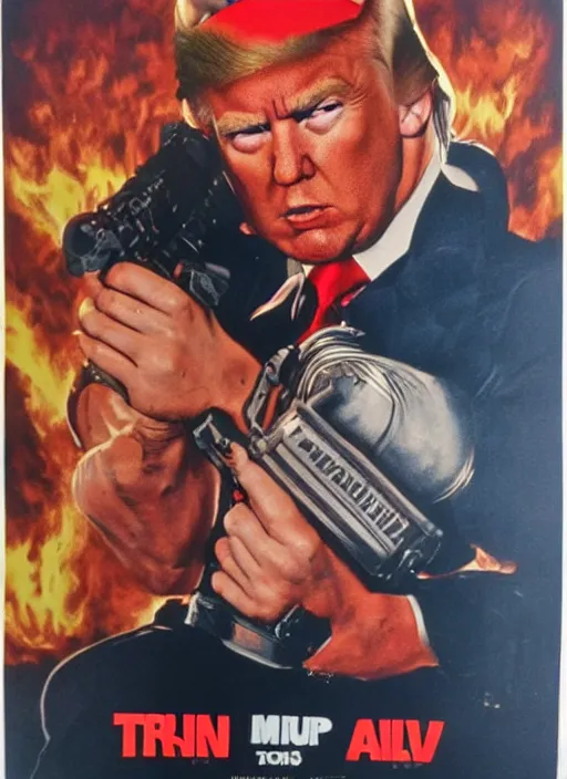 Image similar to an 8 0's john alvin action movie poster of donald trump starring in trumpster fire. explosions.