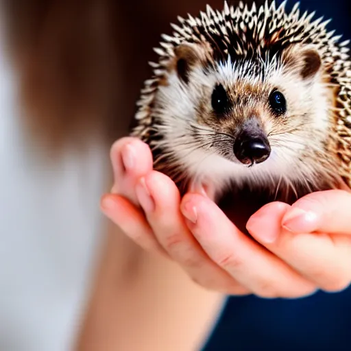 Image similar to a close up photo of a girl holding a baby hedgehog in her hand with the hedgehog upside down, real photo, real camera, dslr, intricate quality, 8 k