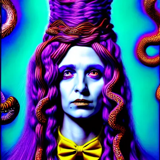 Image similar to an extremely psychedelic portrait of medusa as willy wonka, surreal, lsd, face, detailed, intricate, elegant, lithe, highly detailed, digital painting, artstation, concept art, smooth, sharp focus, illustration